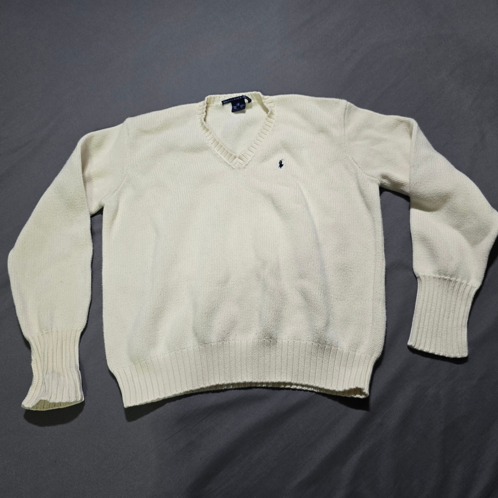 Ralph Lauren Sport V-Neck Sweater Women Small Cream Cotton Knit Pony Logo